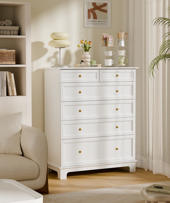 White Wooden 6 Drawer Chest | FlexiSpot UK