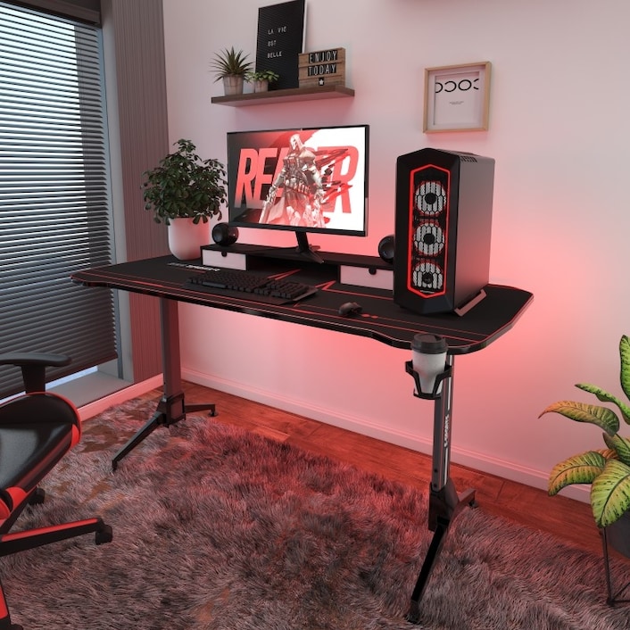 GOPLUS Gaming Schreibtisch, PC Schreibtisch aus Metall & MDF, mit Ablage,  Headset- & Getraenkehalter, Gamepad Halter